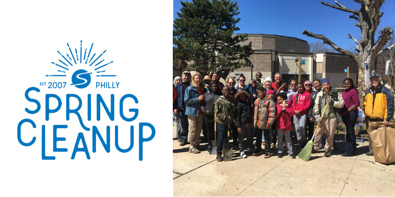 Spring Cleanup logo beside group of volunteers, some holding brooms