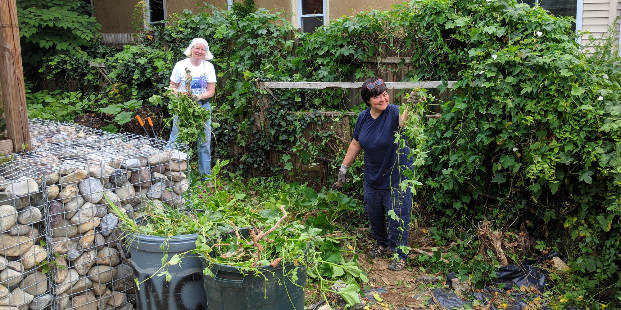 photo: two women pulling weeds by a fence