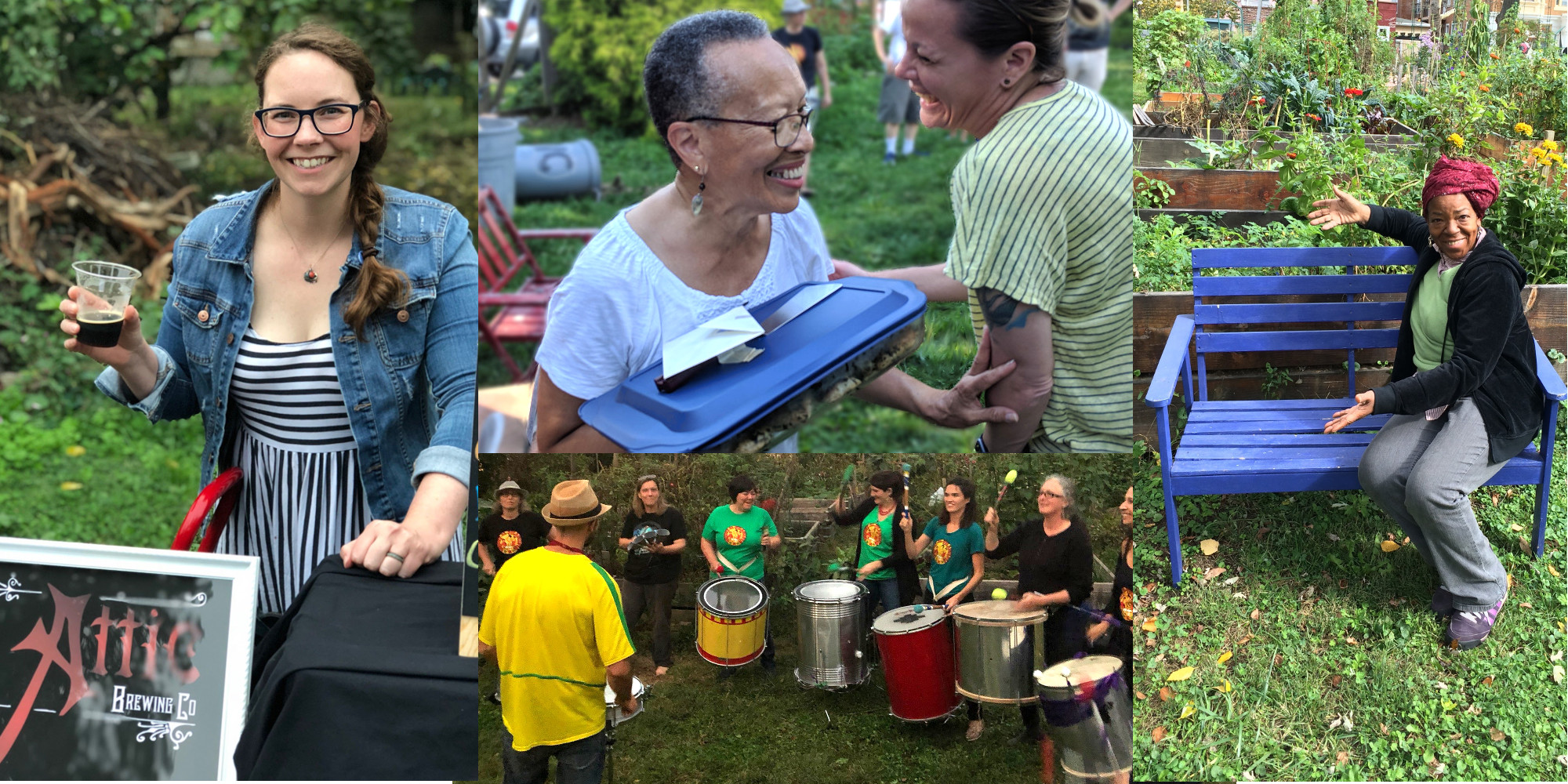 photos of beer taps, covered dishes, picnicers and drummers