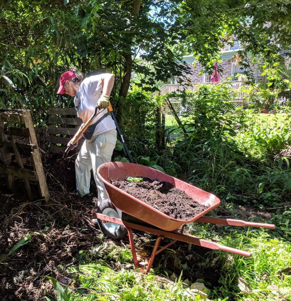 photo: person digging with shovel and wheelbarrow