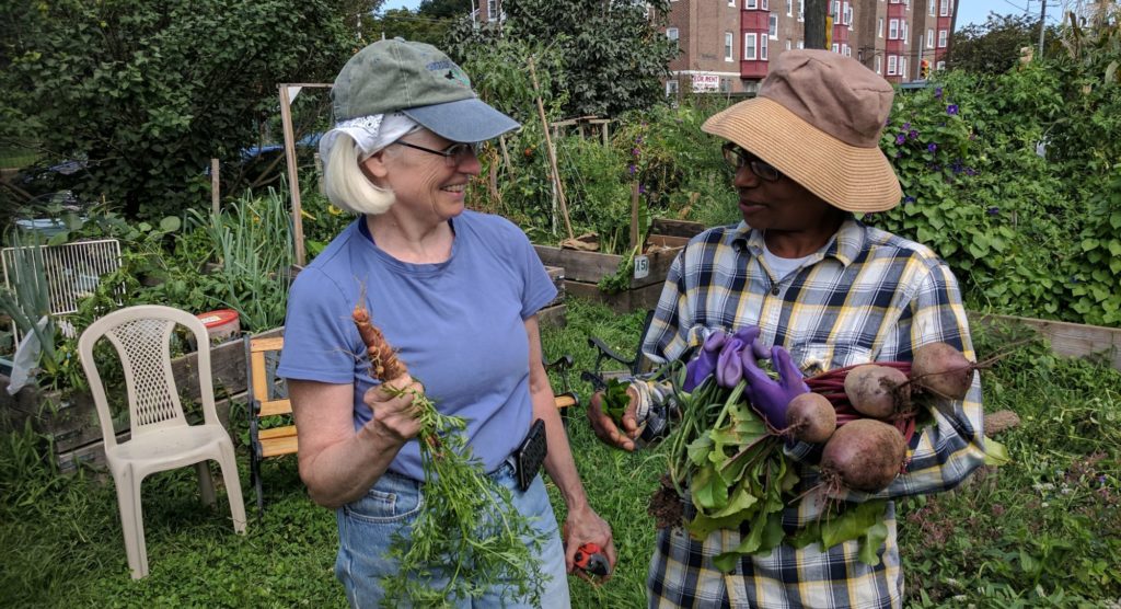 photo: two women displaying carrot and beet in garden