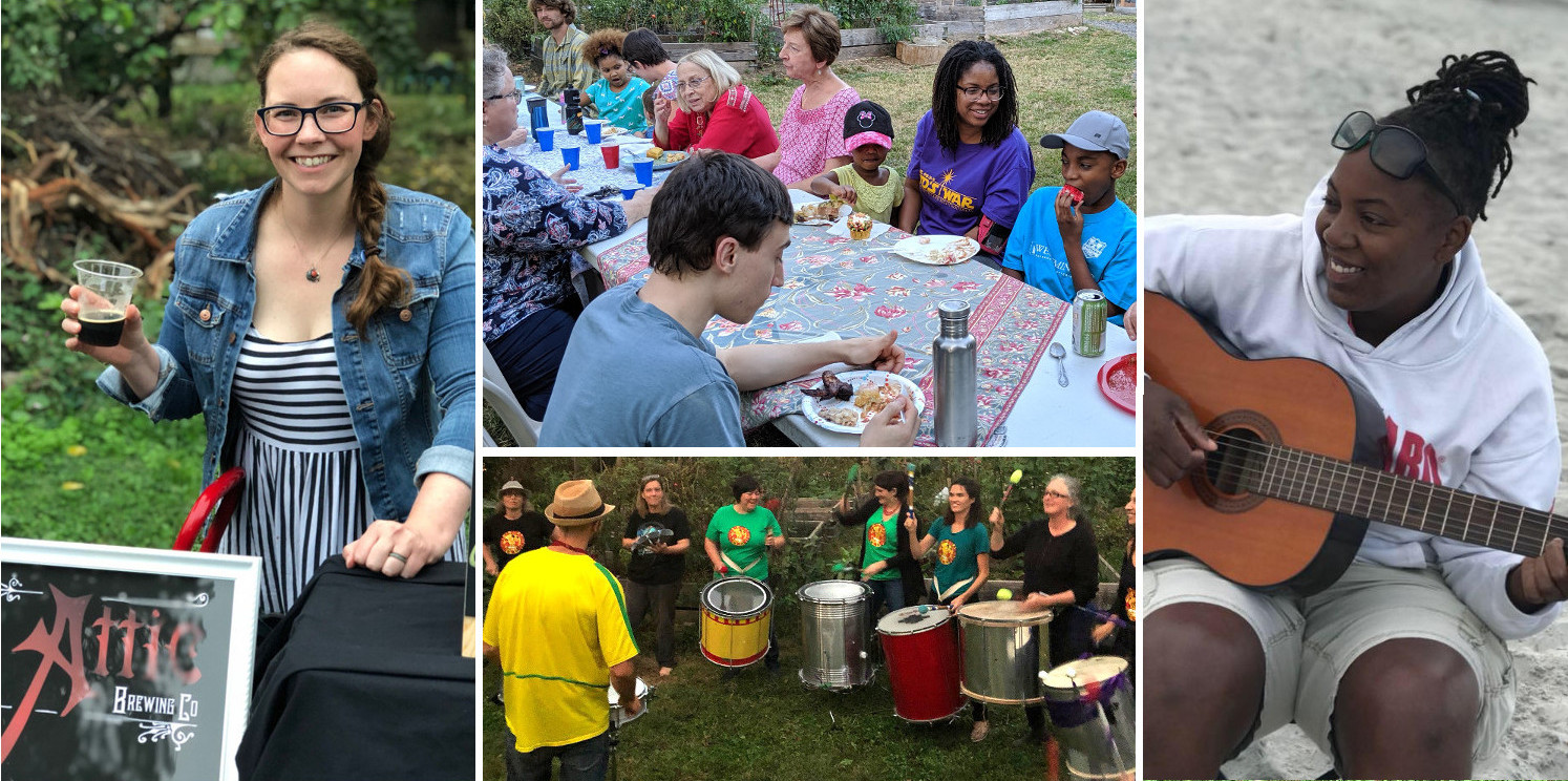 photo montage: smiling woman pouring beer, people at picnic table, Danie Ocean with guitar, drummers