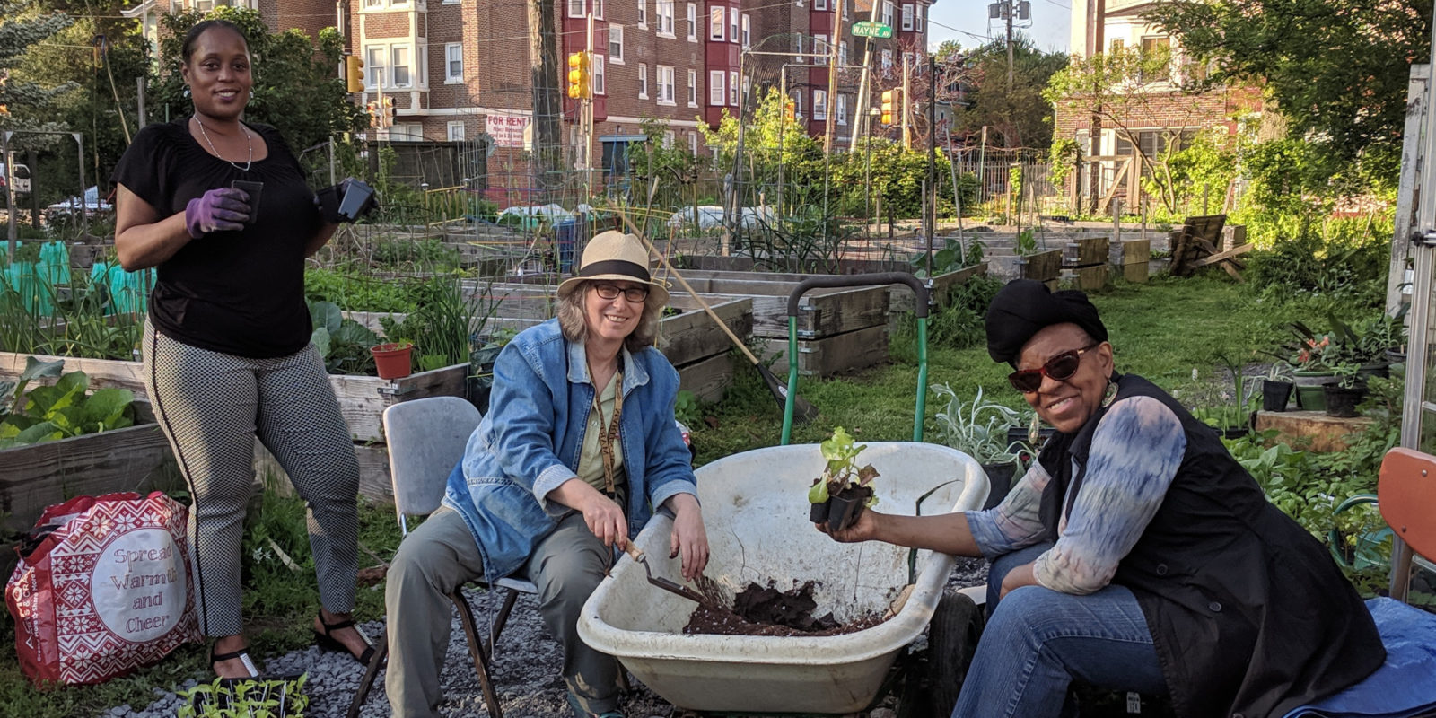 3 women potting plants at a wheelbarrow