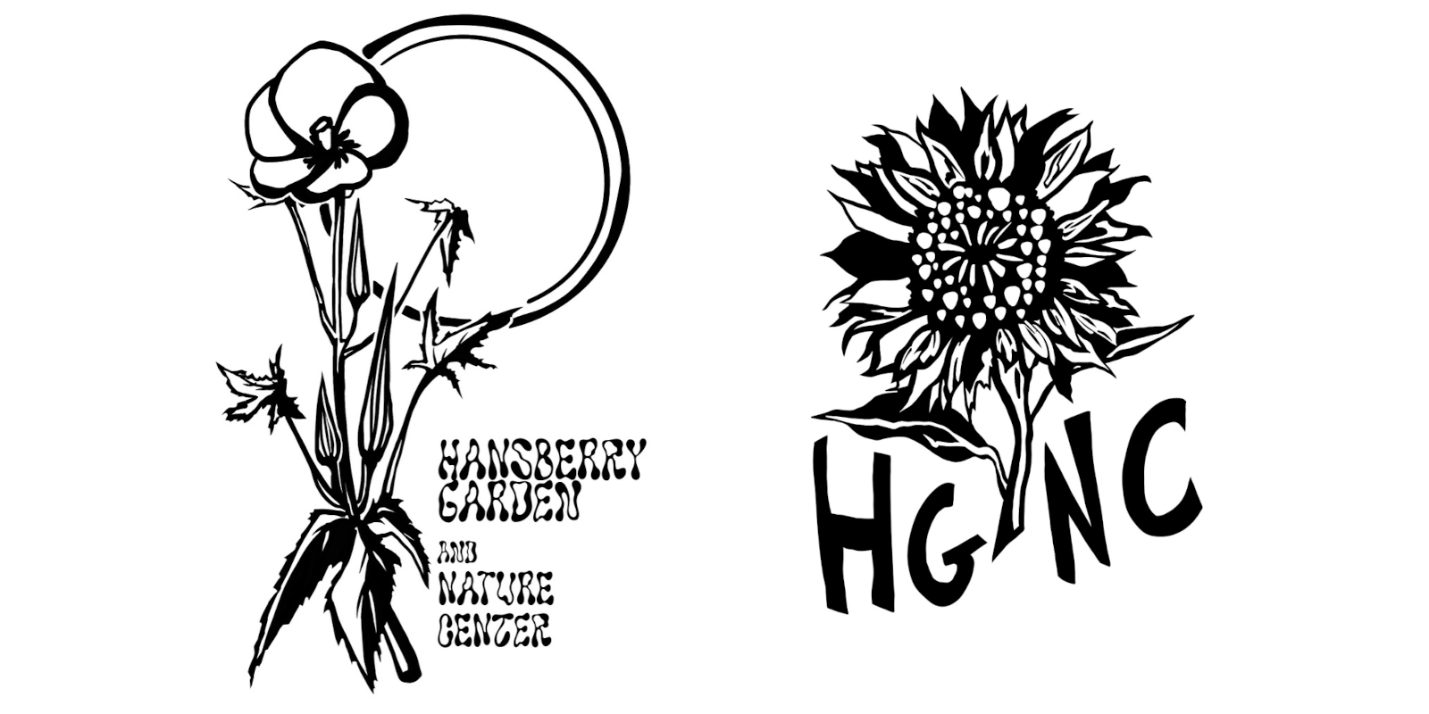 Two silkscreen designs: one with flower and words "Hansberry Garden and Nature Center;" one with sunflower and letters "HGNC"